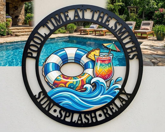 Personalized Pool Time Metal Sign – Custom Family Name Sun Splash Relax Plaque, Gift For Poolside Or Backyard Patio