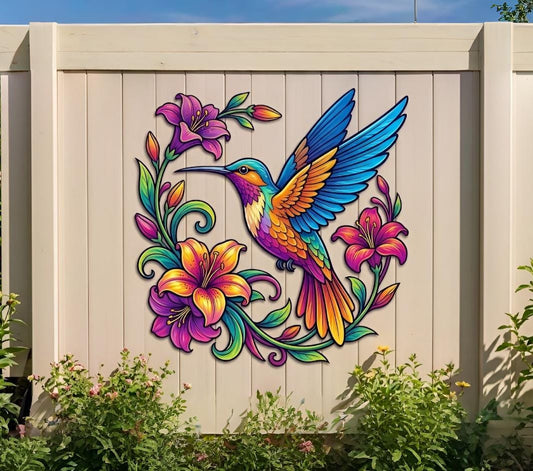 Colorful Hummingbird & Lily Metal Wall Art – Vibrant Floral Garden Decor, Gift For Nature Lover