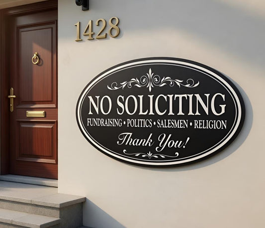 No Soliciting Oval Metal Door Sign – No Salesmen Fundraising Politics Plaque, Gift For Front Porch Or New Home