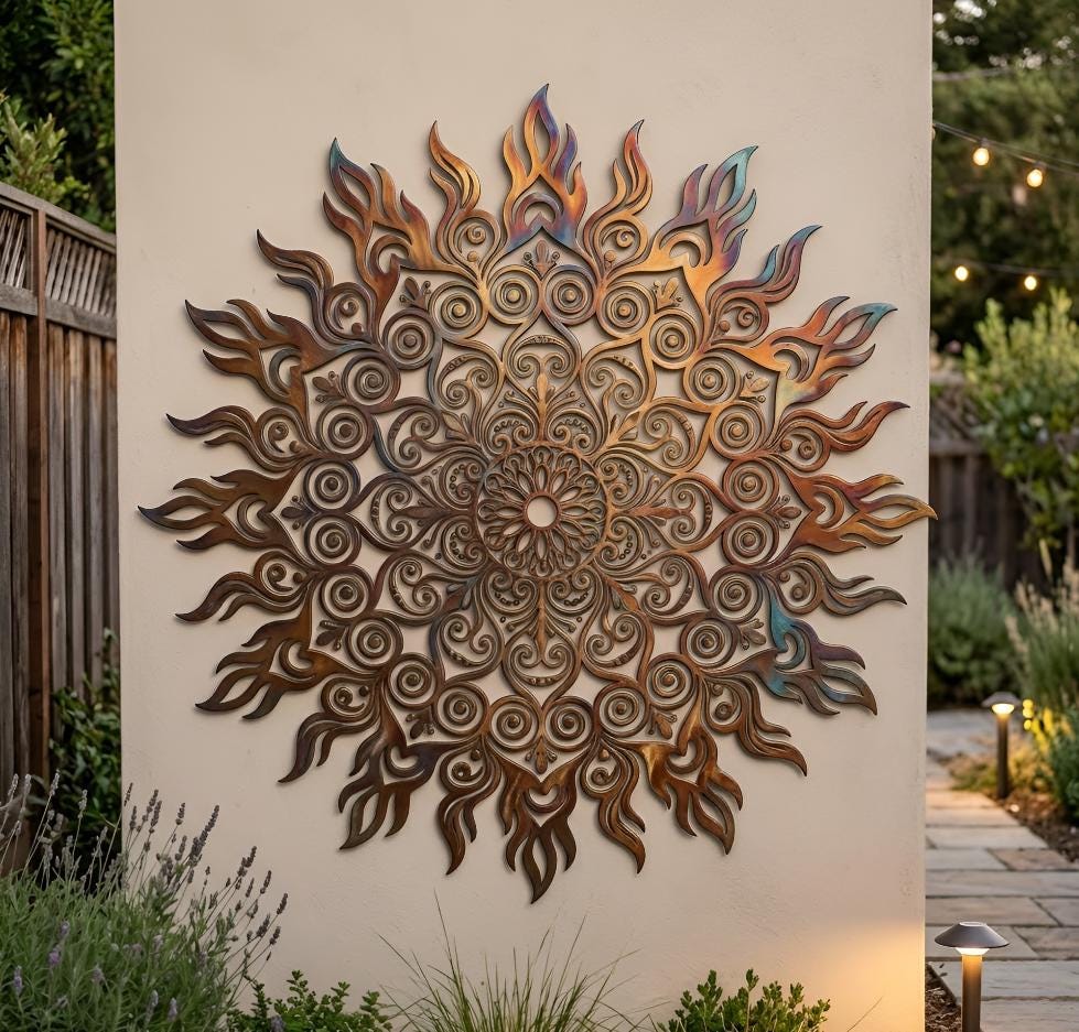 Rustic Mandala Sun Metal Wall Art – Large Scroll Flame Garden Decor, Gift For Patio Or Fence