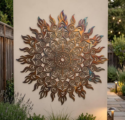 Rustic Mandala Sun Metal Wall Art – Large Scroll Flame Garden Decor, Gift For Patio Or Fence