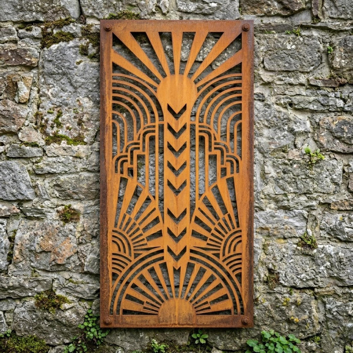 Art Deco Sunburst Metal Panel – Rustic Geometric Garden Screen, Modern Yard Art Gift