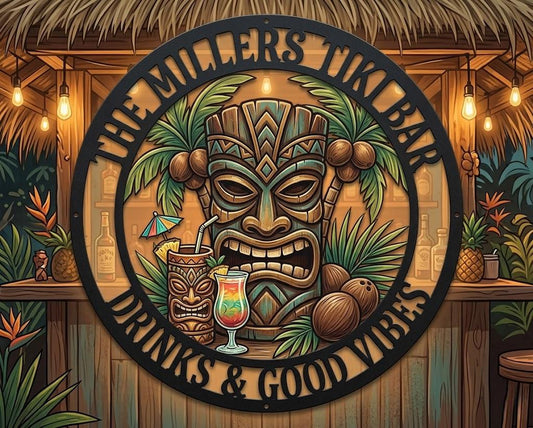 Personalized Tiki Bar Metal Sign – Custom Name Round Wall Decor, Gift For Backyard Bar Lovers
