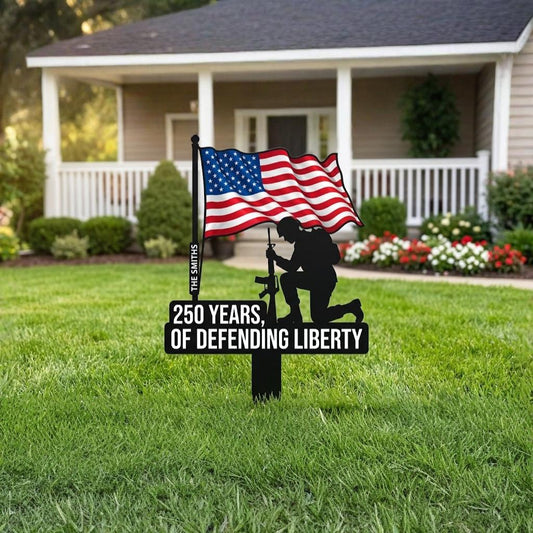 Personalized Military Metal Yard Stake – Custom Name 250 Years Of Defending Liberty Sign, Gift For Veteran Or Patriotic Lawn