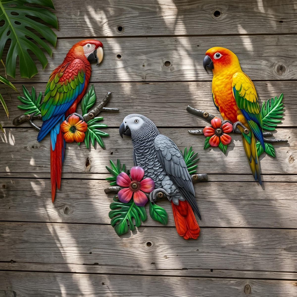 Tropical Parrot Metal Wall Art Set – Macaw Cockatoo Bird Decor, Gift For Patio Fence Or Beach House Wall