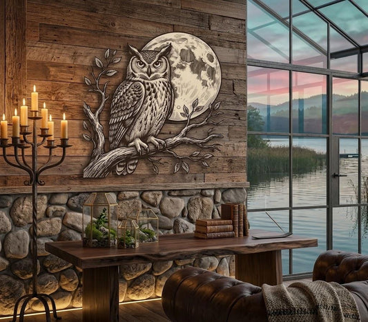 Rustic Owl And Moon Metal Wall Art – Woodland Cabin Decor, Gift For Nature Lover Or Lake House