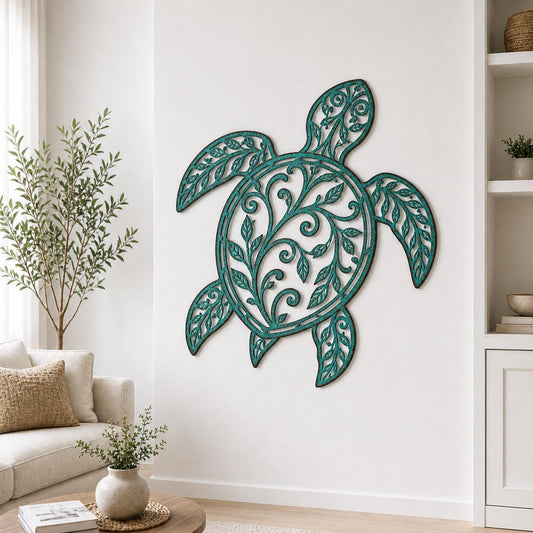Sea Turtle Metal Wall Art – Teal Patina Coastal Ocean Decor, Gift For Beach House Or Nautical Home