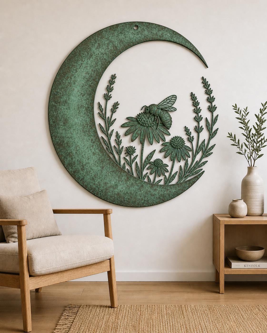 Crescent Moon Metal Wall Art – Bee And Wildflower Patina Celestial Decor, Gift For Garden Lover Or Living Room