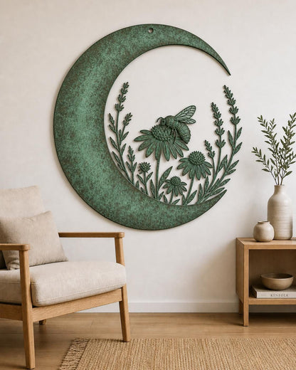 Crescent Moon Metal Wall Art – Bee And Wildflower Patina Celestial Decor, Gift For Garden Lover Or Living Room