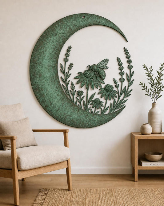 Crescent Moon Metal Wall Art – Bee And Wildflower Patina Celestial Decor, Gift For Garden Lover Or Living Room