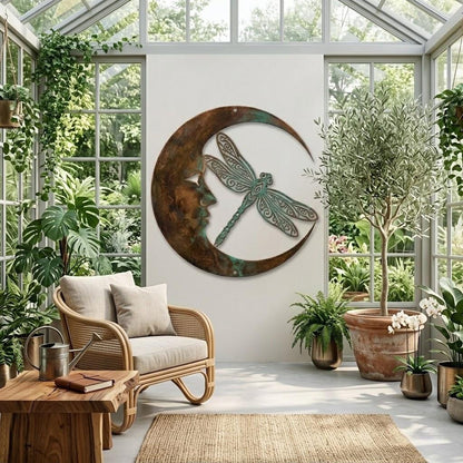 Crescent Moon And Dragonfly Metal Wall Art – Rustic Patina Celestial Decor, Gift For Garden Sunroom Or Home Wall