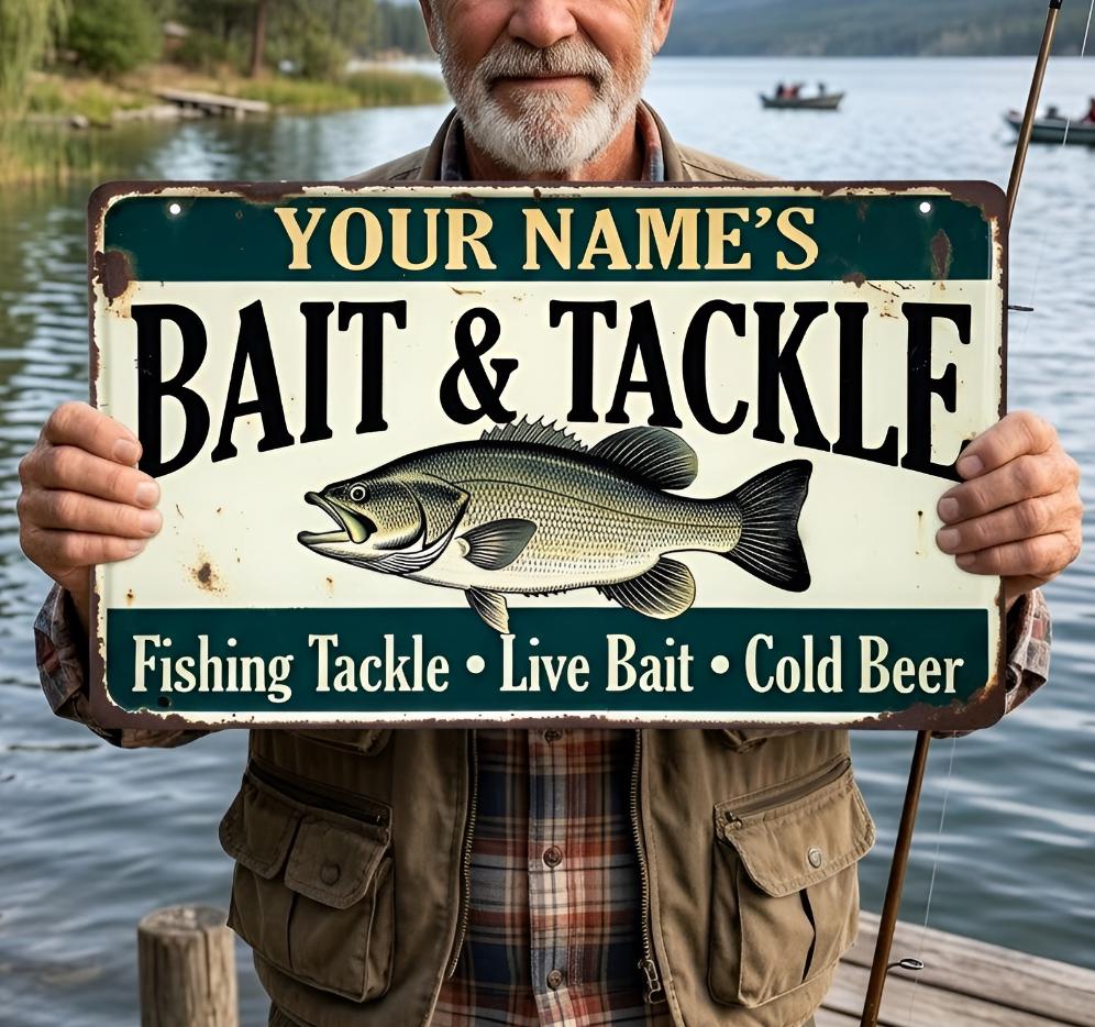 Personalized Bait And Tackle Metal Sign – Custom Name Fishing Wall Decor, Gift For Fisherman Or Lake House
