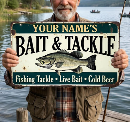 Personalized Bait And Tackle Metal Sign – Custom Name Fishing Wall Decor, Gift For Fisherman Or Lake House