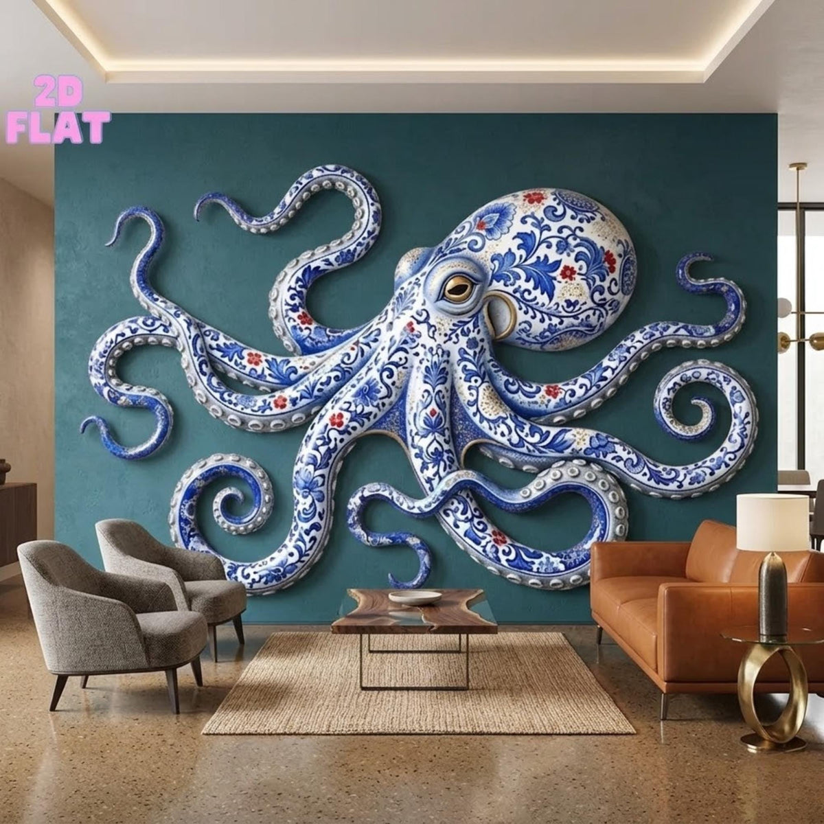 Chinoiserie Octopus Metal Wall Art – Blue & White Porcelain Style Coastal Decor, Large Statement Gift