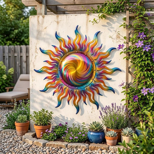 Colorful Sun Metal Wall Art – Rainbow Sunburst Outdoor Hanging, Gift For Garden Fence Patio Or Porch Decor
