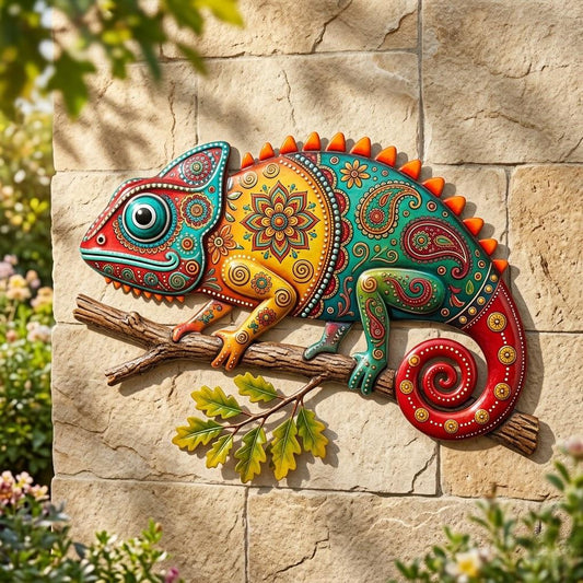 Colorful Chameleon Metal Wall Art – Boho Mandala Lizard Garden Decor, Gift For Reptile Lovers