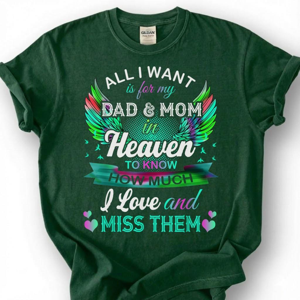Dad And Mom In Heaven Shirt, Colorful Angel Wing Memorial Tee, Grieving Child Remembrance T-Shirt, Loss Of Both Parents Tribute Top