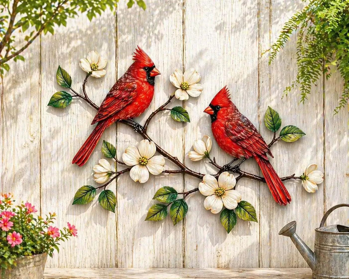 Red Cardinal Metal Wall Art – Dogwood Flower Branch Bird Decor, Gift For Bird Lover Or Garden Fence