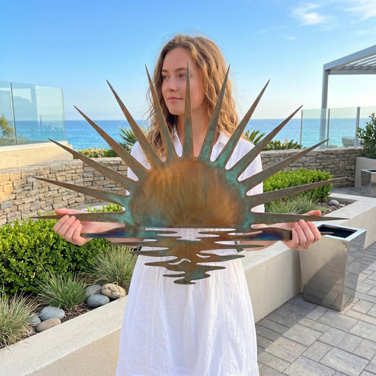 Sunrise Over Ocean Metal Wall Art – Copper Patina Half Sun Sculpture, Gift For Beach House Or Coastal Home