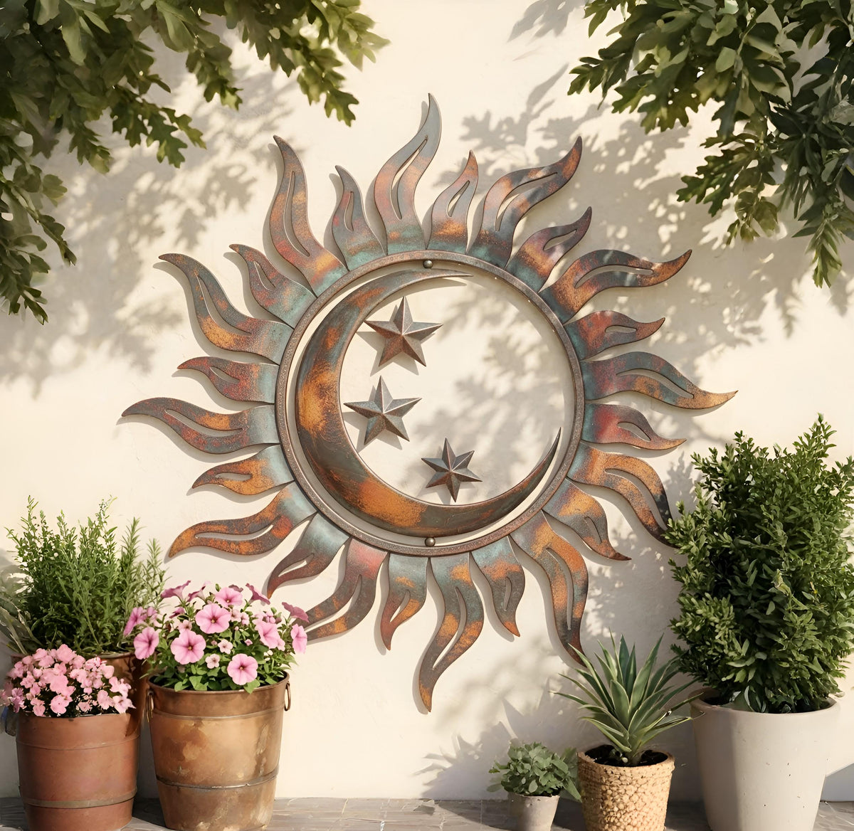Celestial Sun Moon And Stars Metal Wall Art – Rustic Patina Sunburst Decor, Gift For Boho Patio Or Garden