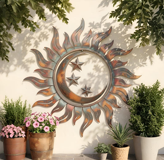 Celestial Sun Moon And Stars Metal Wall Art – Rustic Patina Sunburst Decor, Gift For Boho Patio Or Garden