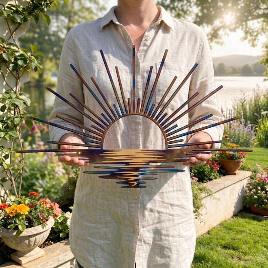 Sunrise Over Water Metal Wall Art – Sunburst Lake Reflection Sculpture, Gift For Coastal Home Or Modern Living Room