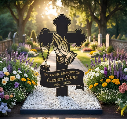 Personalized Memorial Cross Garden Stake – Custom Name Praying Hands Sign, Gift For Loss Of Loved One