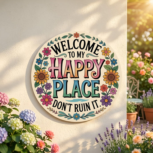 Welcome To My Happy Place Round Sign – Colorful Floral Wall Decor, Gift For Garden Lover
