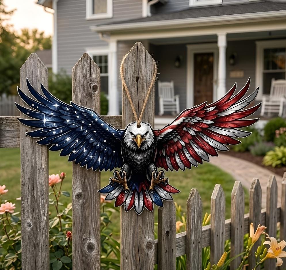Bald Eagle Metal Wall Art – Patriotic American Flag Fence Decor, Gift For Veterans