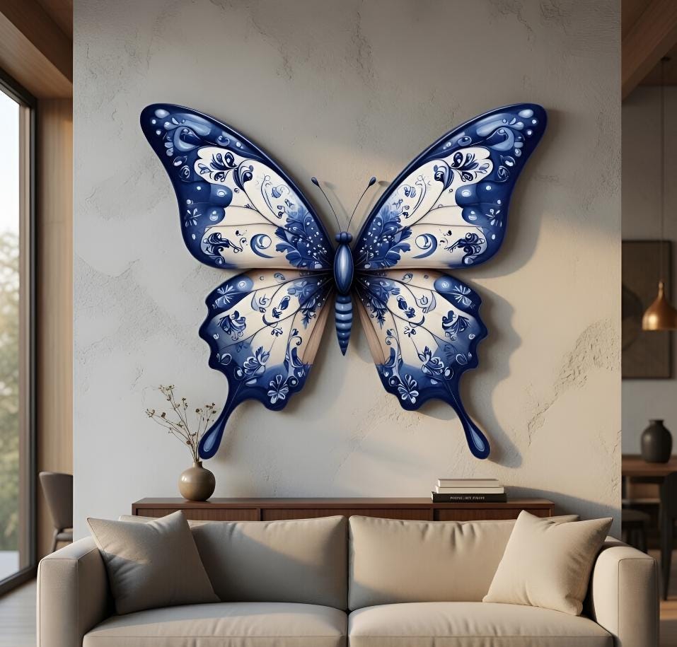 Blue Butterfly Metal Wall Art – Delft Floral Porcelain Style Decor, Gift For Butterfly Lover