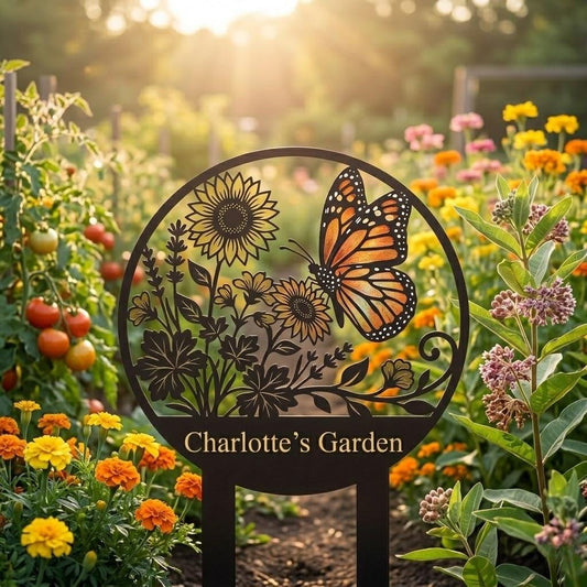 Personalized Butterfly Garden Name Sign – Custom Sunflower Floral Metal Stake, Gift For Gardener Or Housewarming