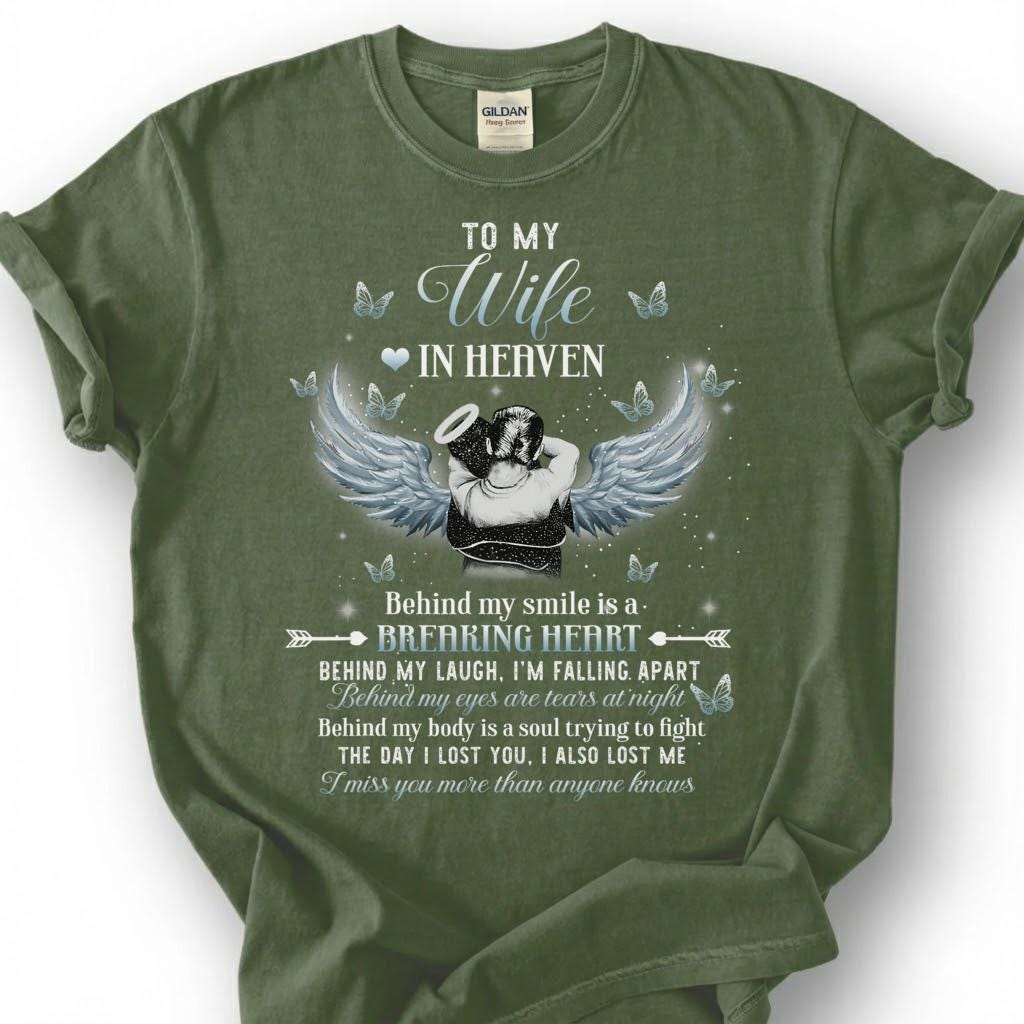 To My Wife In Heaven Breaking Heart Shirt, Angel Wing Halo Butterfly Tee, Grieving Husband Memorial T-Shirt, Loss Of Wife Remembrance Top