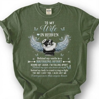 To My Wife In Heaven Breaking Heart Shirt, Angel Wing Halo Butterfly Tee, Grieving Husband Memorial T-Shirt, Loss Of Wife Remembrance Top