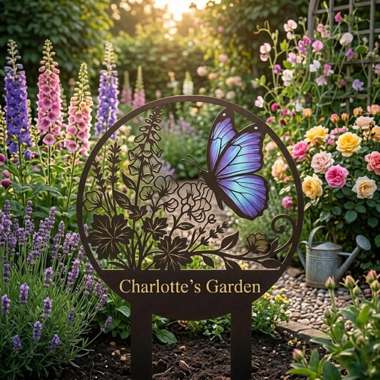 Personalized Butterfly Garden Sign – Custom Name Floral Metal Stake, Gift For Garden Lover