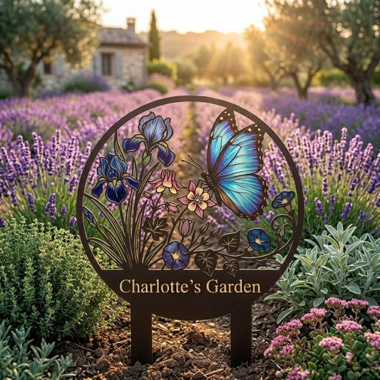 Personalized Butterfly Garden Name Sign – Custom Name Floral Metal Plaque, Gift For Gardener Or Yard Decor