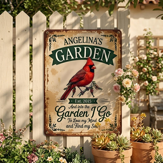 Personalized Cardinal Garden Metal Sign – Custom Name & Est. Date Vintage Yard Decor