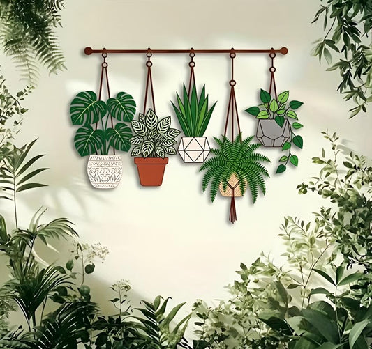 Hanging Plants Metal Wall Art – Botanical Potted Plant Wall Hanging, Gift For Living Room Or Plant Lover