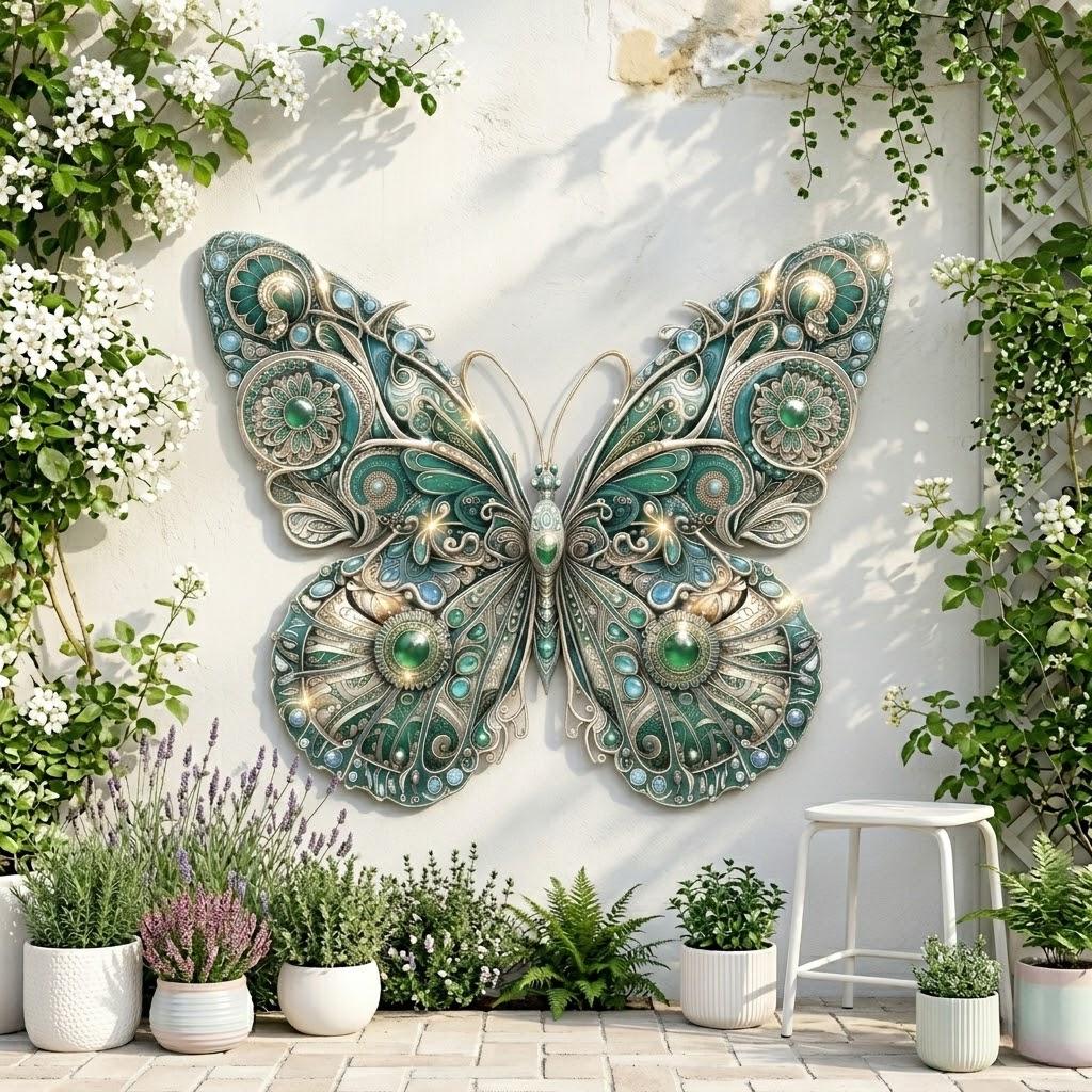 Jeweled Butterfly Metal Wall Art – Elegant Green & Silver Filigree Garden Decor, Gift For Butterfly Lover