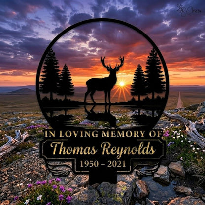 Personalized Deer Memorial Metal Sign – Custom Name & Date Forest Sunset Stake, Sympathy Gift For Hunter