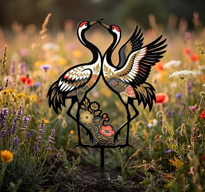 Japanese Crane Metal Garden Stake – Floral Pair Of Birds Yard Art, Gift For Zen Garden Or Flower Bed Decor