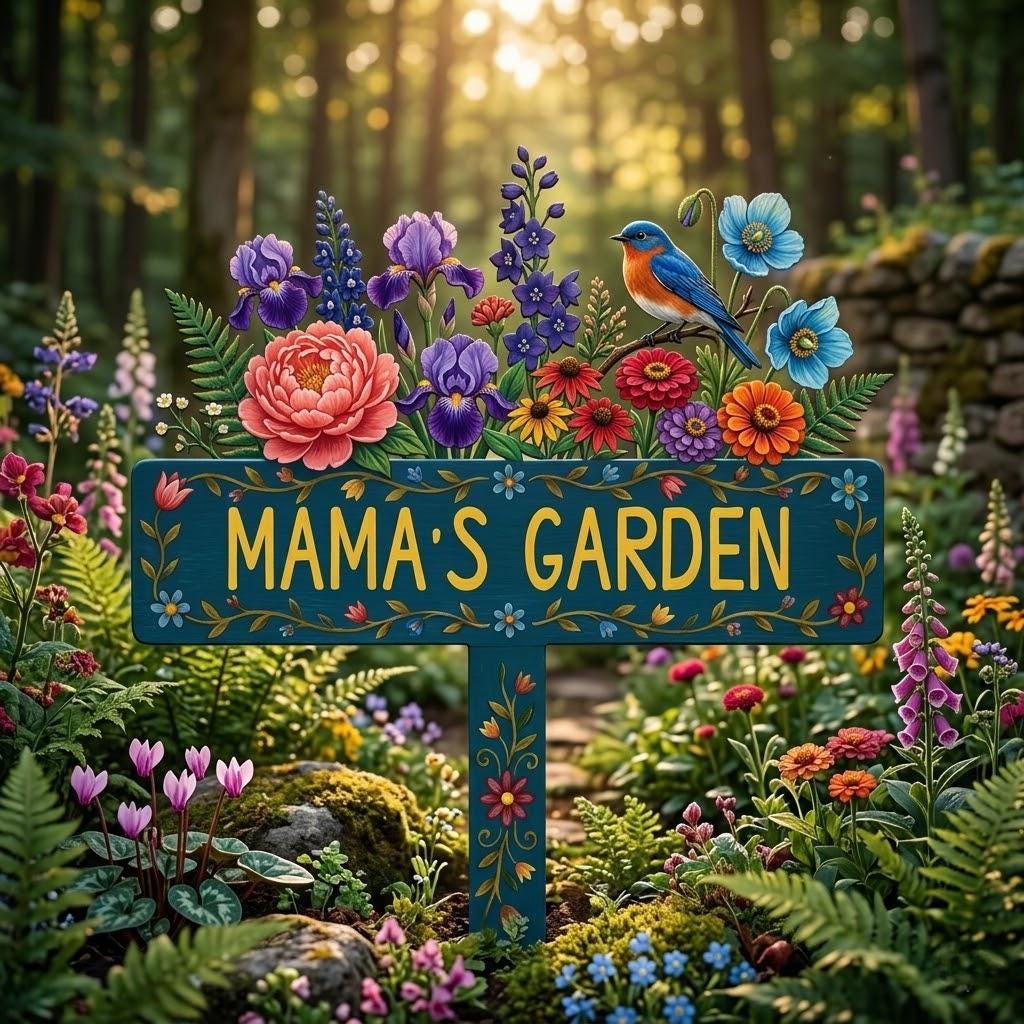Personalized Mama's Garden Sign – Custom Name Floral Bird Metal Decor, Gift For Mom