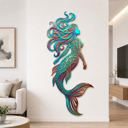 Colorful Mermaid Metal Wall Art – Large Coastal Ocean Wall Sculpture, Gift For Beach House Or Poolside Decor