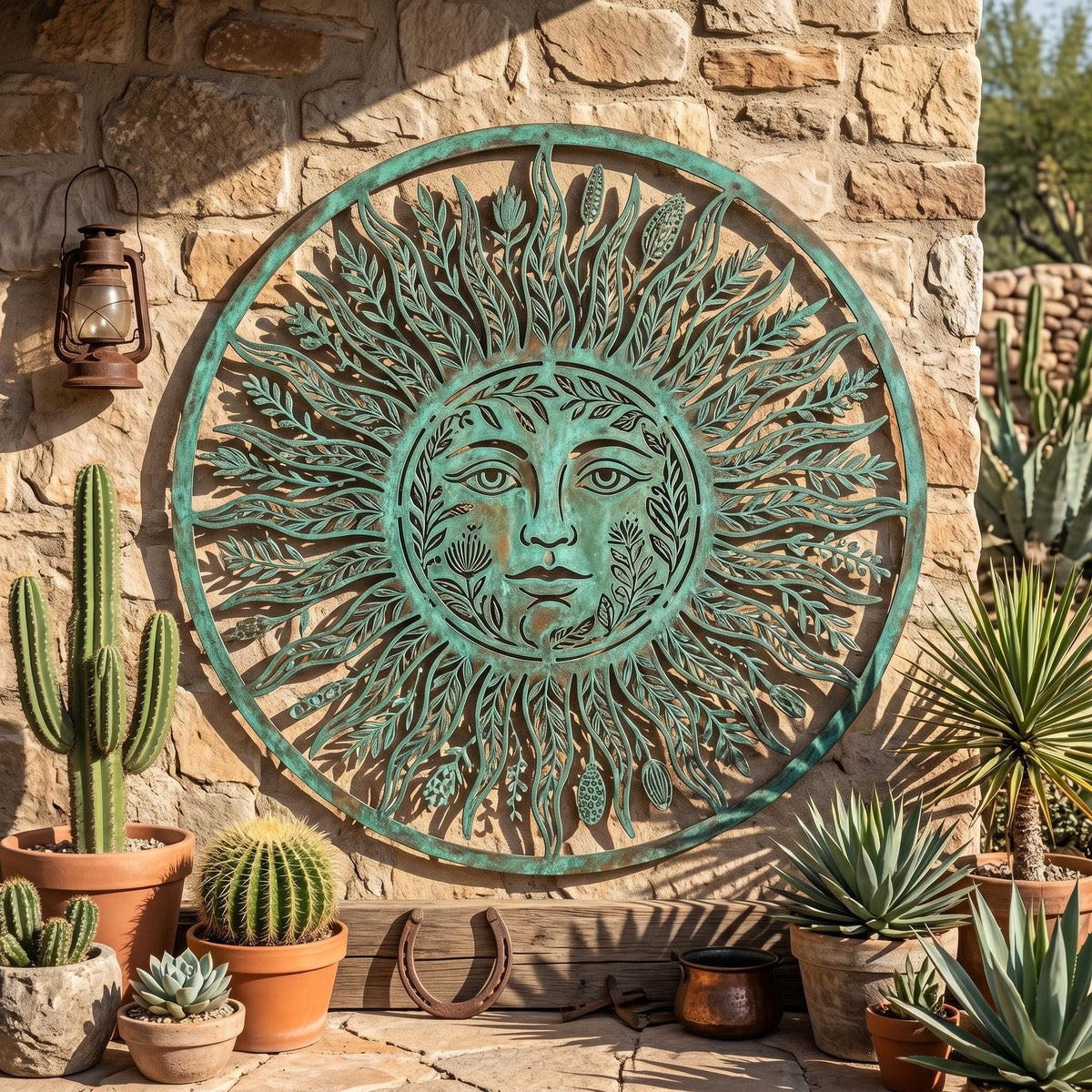 Patina Botanical Sun Face Metal Wall Art – Large Round Celestial Garden Decor