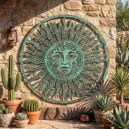Patina Botanical Sun Face Metal Wall Art – Large Round Celestial Garden Decor