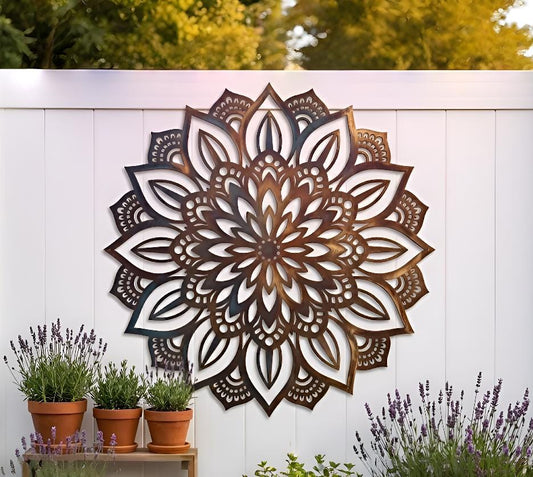 Mandala Metal Wall Art – Large Boho Floral Sunburst Sign, Gift For Garden Lover