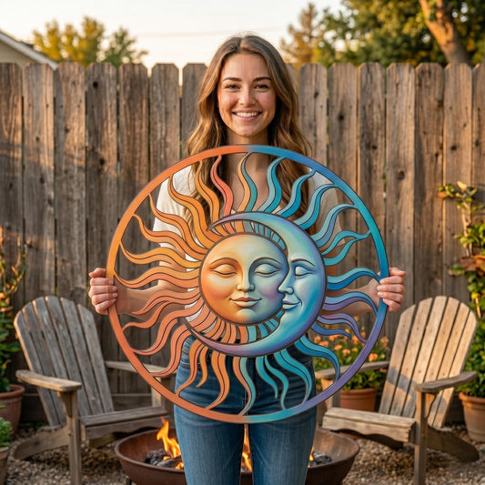 Sun And Moon Face Metal Wall Art – Colorful Celestial Round Sculpture, Gift For Boho Garden Or Patio Decor
