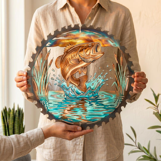 Bass Fish Saw Blade Metal Wall Art – Vibrant Lake Fishing Scene Decor, Gift For Fisherman Or Cabin Owner