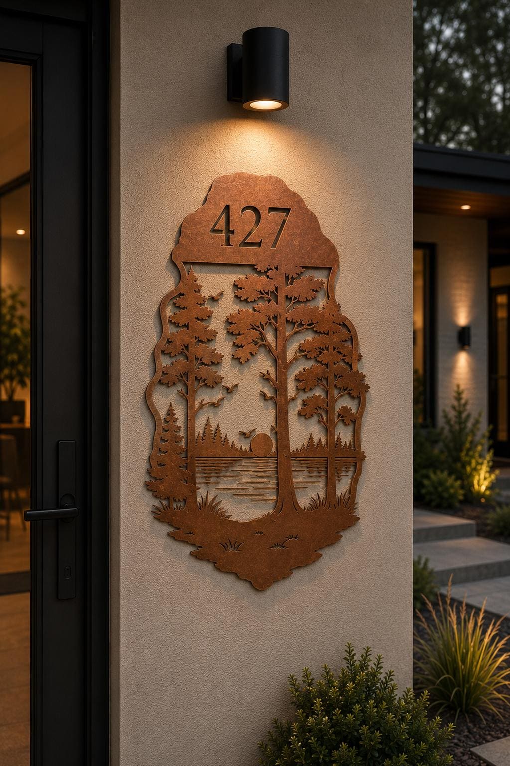 Custom Cabin Address Sign, Nature Metal House Number, Forest Lake Address Plaque, Modern Outdoor Door Decor, Mountain Housewarming Gift Idea