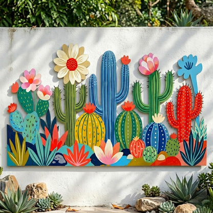 Colorful Cactus Metal Wall Art – Vibrant Desert Bloom Garden Panel, Gift For Southwestern Patio Or Outdoor Wall