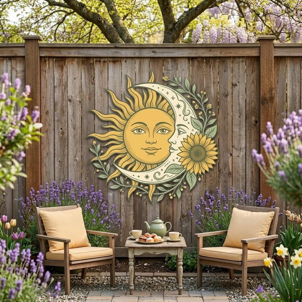 Sun & Moon Metal Wall Art – Celestial Sunflower Garden Decor, Boho Rustic Gift